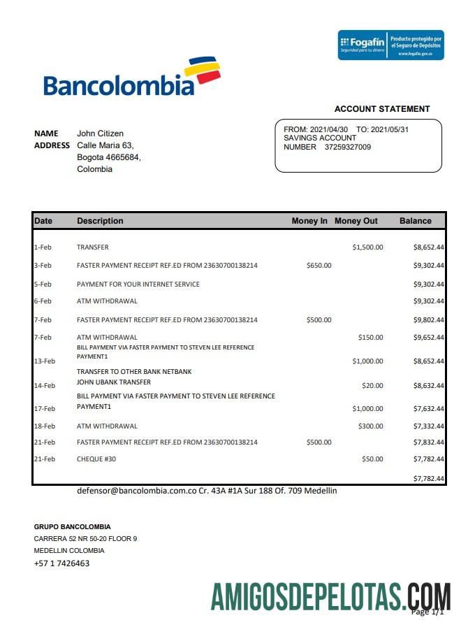 Exemplo de PDF do Excel do Colômbia Bancolombia